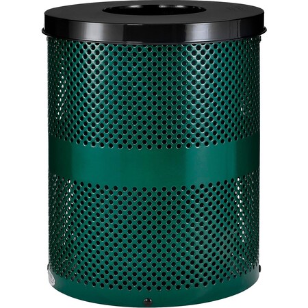 Global Industrial Outdoor Perforated Steel Trash Can With Flat Lid, 36 Gallon, Green 261925GN